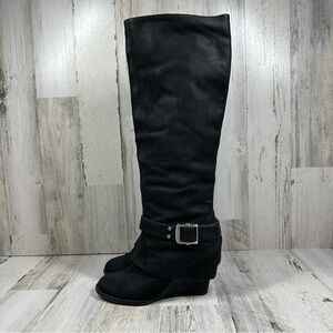 Vince Camuto Alician Leather Black Wedge Heels Buckle Knee High Boots #1299